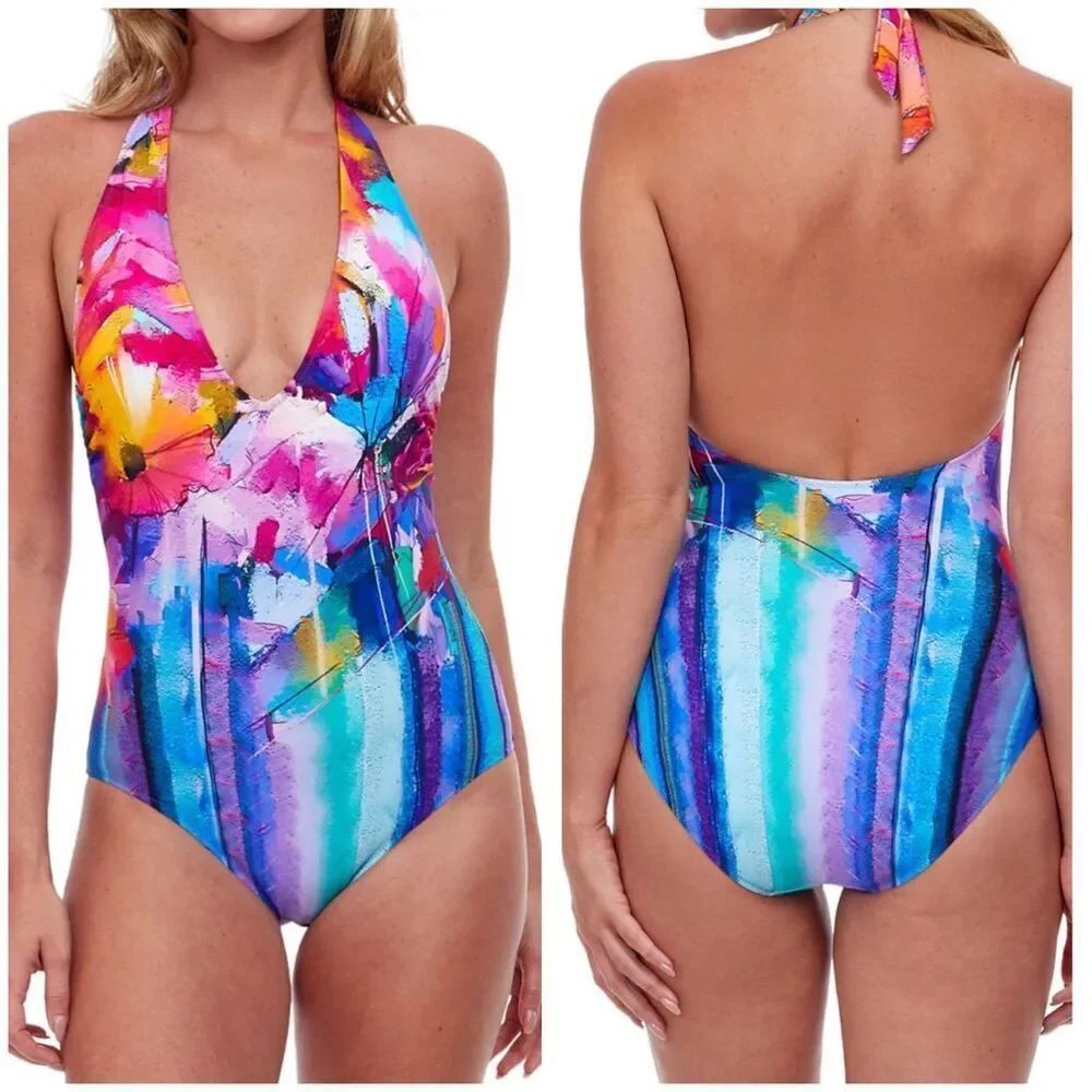 Gottex Printed Deep V-Neck Swimsuit size 10 NEW